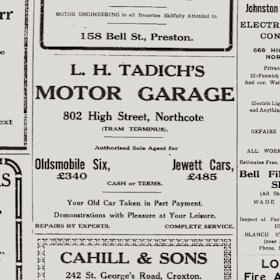 A 1925 Northcote Leader ad for Tadich's Motor Garage at 802 High Street. 