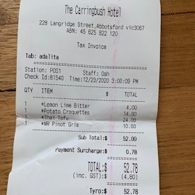 Receipt for lunch with Adalita at Carringbush Hotel