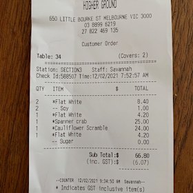 Receipt for breakfast at Higher Ground.