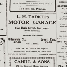 A 1925 Northcote Leader ad for Tadich's Motor Garage at 802 High Street. 