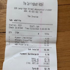 Receipt for lunch with Adalita at Carringbush Hotel