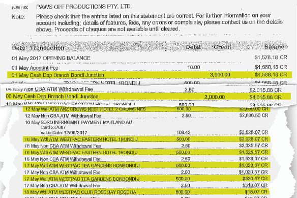 Transactions from Anthony Koletti’s Paws Off Productions bank statement showing large cash deposits and bank transfers, and ATM withdrawals.