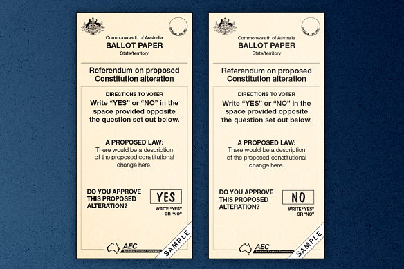 Examples of referendum ballots marked Yes and No.