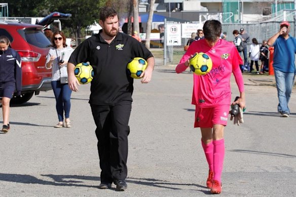 Patrick Beach with junior goalkeeper coach Steve Allen, who was also his head coach at Mount Druitt Rangers FC.