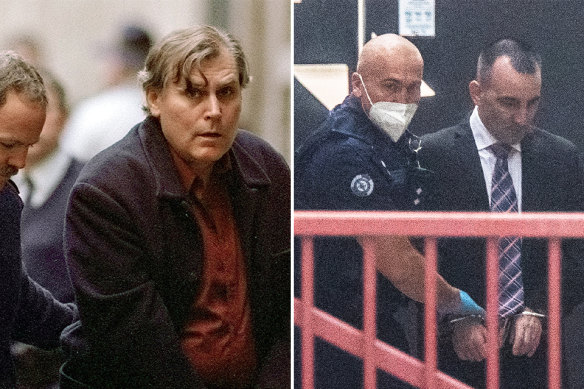 Bandali Debs (left) outside court in 2002 and Jason Roberts during his retrial in 2022.