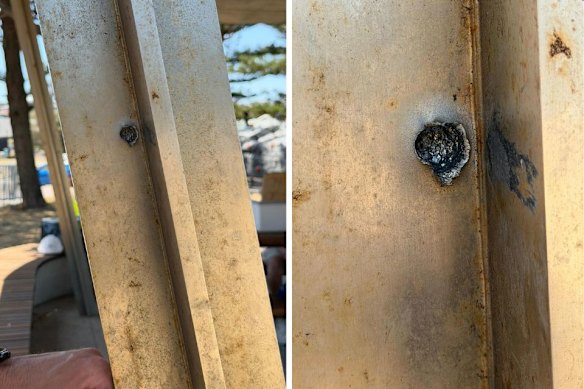 An apparent bullethole left behind at the scene of Sunday’s attack.