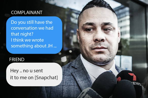 Jarryd Hayne outside the NSW District Court last year, and a mockup of messages between the complainant and a friend.