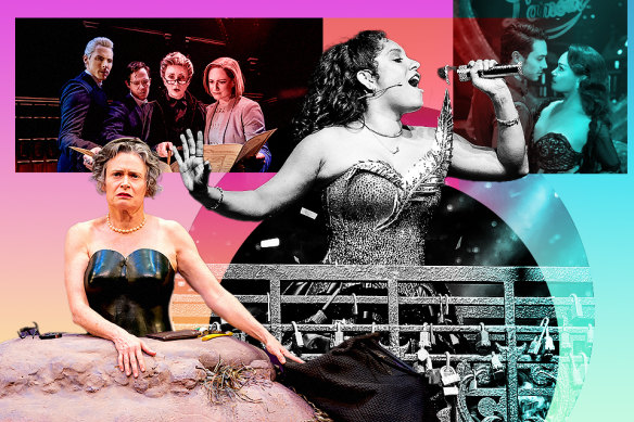 Clockwise from bottom left: Judith Lucy in Happy Days; Harry Potter and the Cursed Child; & Juliet; and Moulin Rouge! The Musical.