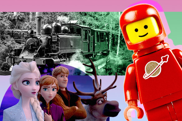 Clockwise from bottom left: Watch Frozen with Melbourne Symphony Orchestra; catch a ride on Puffing Billy; and visit Legoland Discovery Centre.