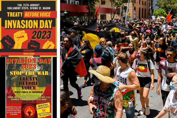 Posters for the Melbourne and Brisbane Invasion Day rallies promote Treaty before Voice. 