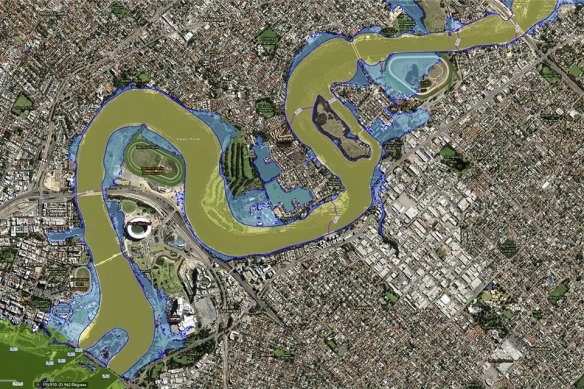 Perth flood mapping shows eastern suburbs landmarks that would be submerged if the water level rose 2 metres. 