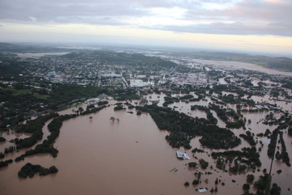 Aerial photos of Lismore showing flooding from the aftermath of Cyclone Debbie in March 2017. Cyclones are tracking further south and the share of major ones is on the rise. 