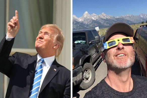 Donald Trump glances at the sun during a 2017 solar eclipse, an act that can cause permanent eye damage. Right: Eclipse chaser David Finlay views a solar eclipse correctly through protective goggles.