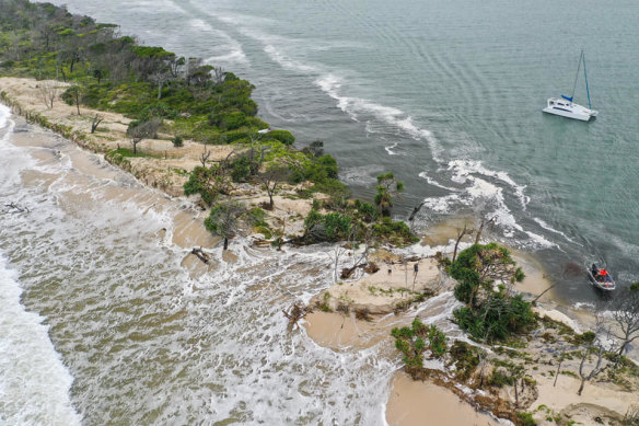 A high tide on Bribie Island, opposite Golden Beach on the Sunshine Coast, in 2020.