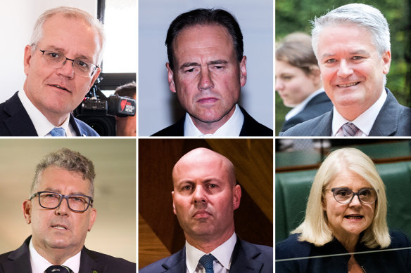 (Top, left to right) Scott Morrison assumed joint responsibility for portfolios held by Greg Hunt and Mathias Cormann, as well as (bottom, left to right) Keith Pitt, Josh Frydenberg and Karen Andrews.