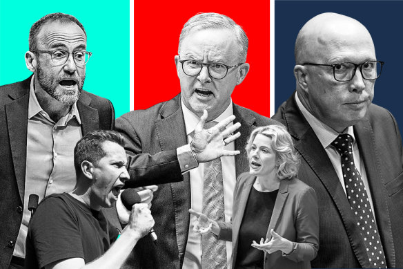 A house divided: (Clockwise from top left) Adam Bandt, Anthony Albanese, Peter Dutton, Clare O’Neil and Max Chandler-Mather.