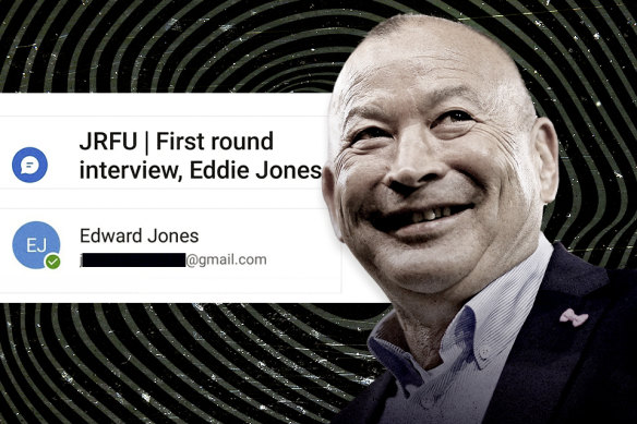 Screenshots show the JRFU’s Zoom meeting room titled ‘First round interview, Eddie Jones’, and the personal email address from which Jones accepted the invitation.