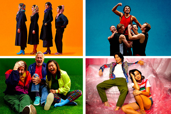 Melbourne Theatre Company will have 12 shows in their 2024 season. Clockwise from top left: English, 37, Golden Blood, Seventeen