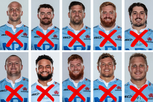 The Waratahs front-rowers lost to season-ending injuries last year. Clockwise from top left: Hayden Thompson-Stringer (knee), Tom Lambert (knee), Dave Porecki (Achilles), Tom Ross (knee), Archer Holz (shoulder), Theo Fourie (foot), Daniel Botha (Achilles), Harry Johnson-Holmes (Achilles), Mahe Vailanu (knee), Angus Bell (foot).