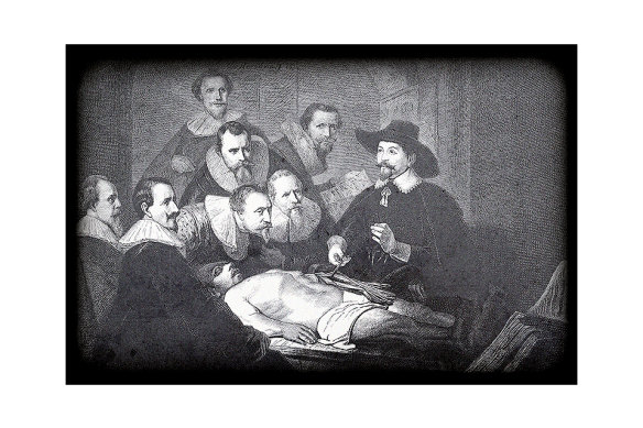 An engraving of Rembrandt’s The Anatomy Lesson of Dr Nicolaes Tulp, from Amsterdam in 1632.