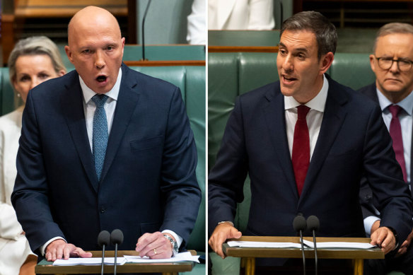 Peter Dutton (left) delivers his reply to the budget delivered by Jim Chalmers (right) on Tuesday.