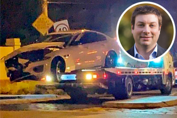 Liberal MP Tim Smith and the Jaguar he crashed while drunk into a Hawthorn house. 