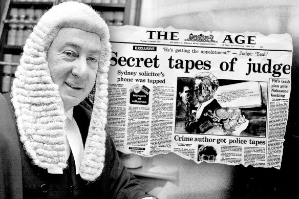 Lionel Murphy and the front page of The Age on February 2, 1984.