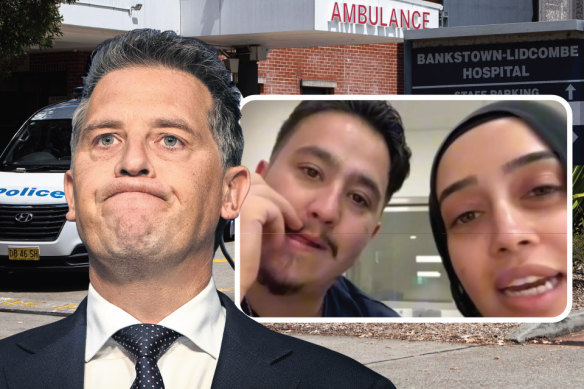 NSW Health Minister Ryan Park; (right) nurses Ahmad Rashad Nadir and Sarah Abu Lebdeh, who have been stood down after video emerged of them making antisemitic comments.
