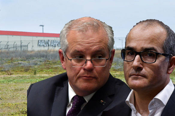 Victoria’s new, dedicated quarantine facility will probably be built near Avalon Airport. This merged image shows Prime Minister Scott Morrison and Victoria’s acting Premier James Merlino.