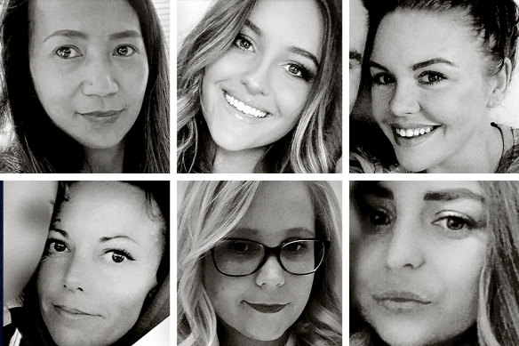 Some of the women who died violently in the second half of this year: Top row, left to right, Analyn “Logee” Osias, Lilie James, Tayla Cox, Krystal Marshall, Alice McShera and Drew Douglas. The men accused of being responsible are yet to face trial.