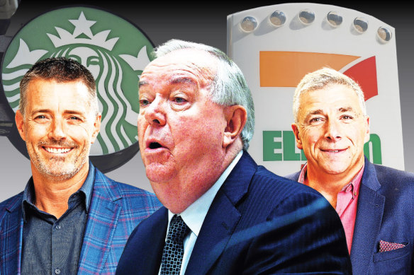 Starbucks Australia CEO Chris Garlick (left), billionaire Russell Withers (middle) and 7-Eleven Australia CEO Angus McKay. Withers is the owner of both businesses, but recently sold the convenience store chain.