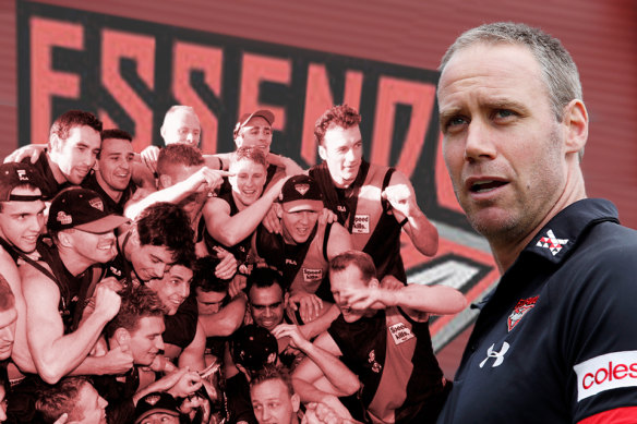 Essendon coach Ben Rutten, and the 2000 premiership team. The Bombers have released a five-year blueprint for success.