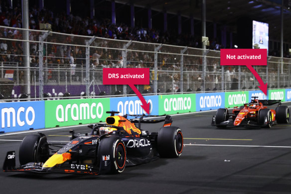 Max Verstappen for Red Bull (DRS on as seen by rear wing being open) leads Charles Leclerc for Ferrari (DRS off) during the F1 Grand Prix of Saudi Arabia in March.