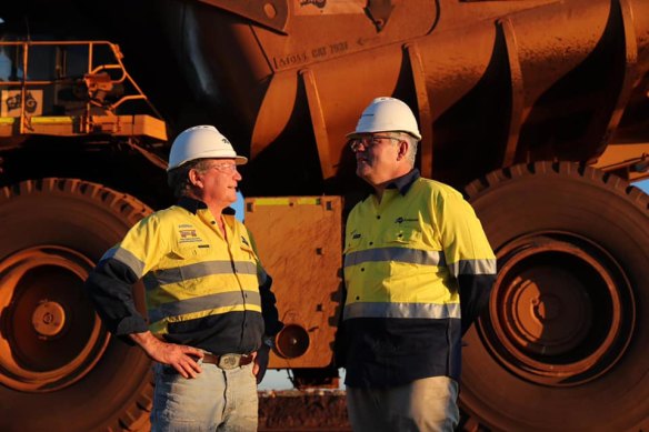 Mining billionaire Andrew ‘Twiggy’ Forrest and Prime Minister Scott Morrison at the Christmas Creek mine site in the Pilbara.