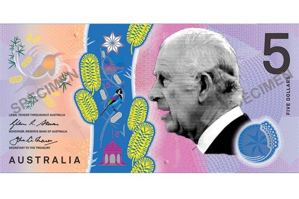 A mock-up of what a $5 note featuring King Charles III would look like.