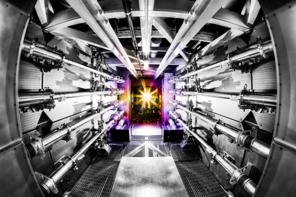 The inside of the Livermore’s National Ignition Facility’s preamplifier support structure for its laser technology.  
