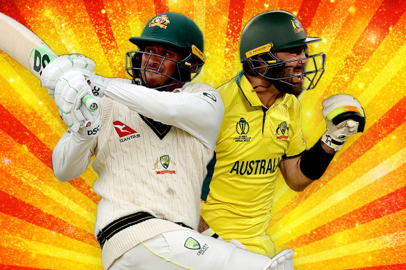 Usman Khawaja (left) was pivotal to Australia retaining the Ashes in 2023, while Glenn Maxwell had a World Cup to remember as Australia lifted the trophy.