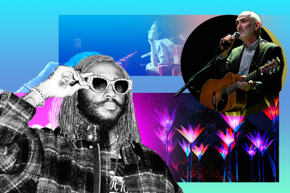 Clockwise from left: Thundercat performs at Rising; the Melbourne International Film Festival; Paul Kelly; and the Lightscape festival.