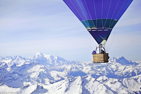 Sir David Attenborough in a hot air balloon flight across the Swiss Alps in Planet Earth II.