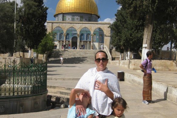 Rachel Lord with two of her daughters in Jerusalem during their time living in Israel, where her husband - now the Liberal MP Dave Sharma - was the Australian ambassador.