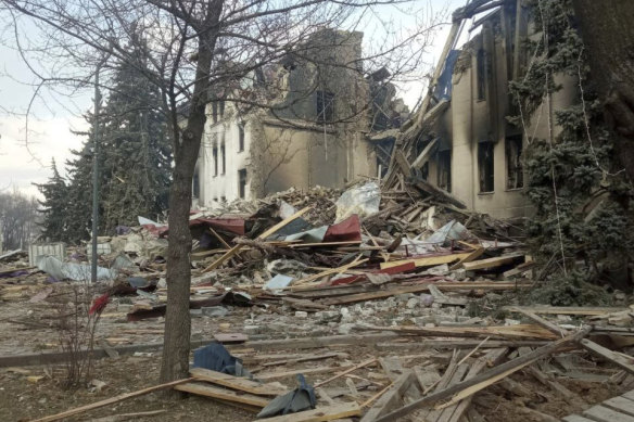 An image supplied by Ukraine’s Azov Battalion volunteer militia  shows the Drama Theatre after Thursday’s shelling in Mariupol.