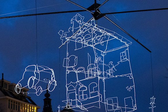 Inspired by a child’s musical mobile, Drawn in Light is being installed at Darling Harbour from Saturday.