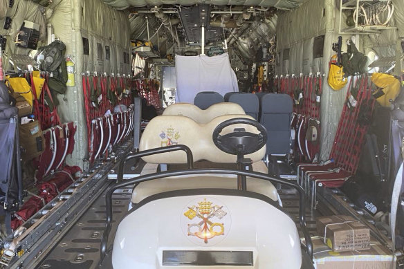 The golf cart used by Pope Francis during his visit to Vanimo, Papua New Guinea inside the Royal Australian Air Force Hercules C 130Js.