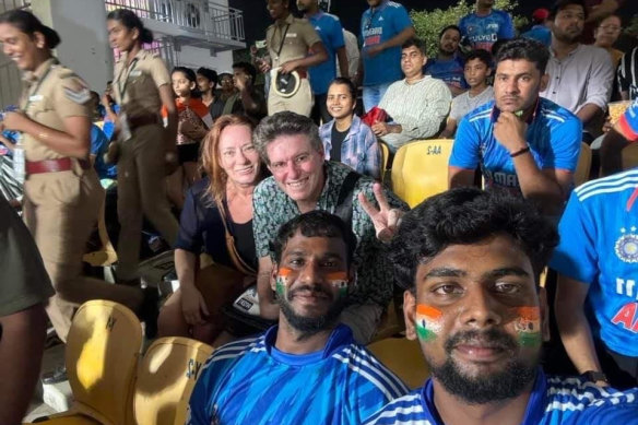 Calculated gambles: Australian fan David Williams and his wife Siobhan at the 2023 cricket World Cup in India.