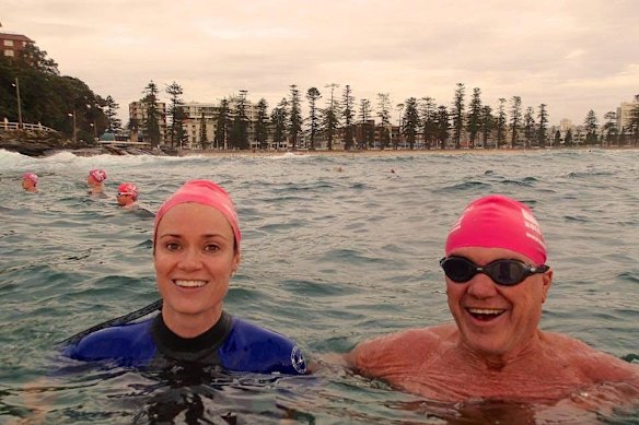Julia Baird and her late father, Bruce Baird, at Manly Beach.