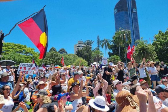 Protesters gathered in Brisbane to oppose vaccine mandates and call for borders to reopen.