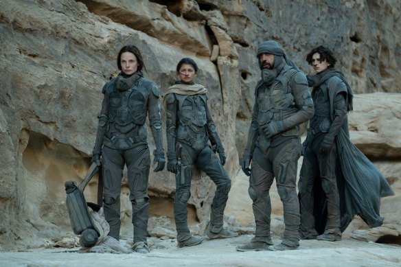From left: Rebecca Ferguson, Zendaya, Javier Bardem and Timothee Chalamet in Dune. 