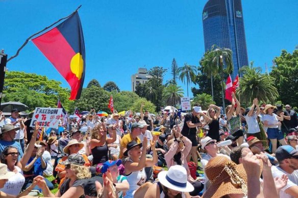 Protesters gathered in Brisbane to oppose vaccine mandates and call for borders to reopen.