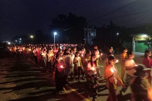 A candlelight vigil on March 30 in the Myanmar village of Nyaung Zin for those killed in anti-junta protests over the weekend. 