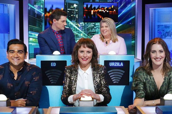 On Have You Been Paying Attention?, with (clockwise from back left) Ed Kavalee, Urzila Carlson, Hayley Sproull and Dilruk Jayasinha.   